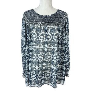 Zac & Rachel Peasant Top Womens L Blue Floral Long Sleeve Boho Festival Peasant